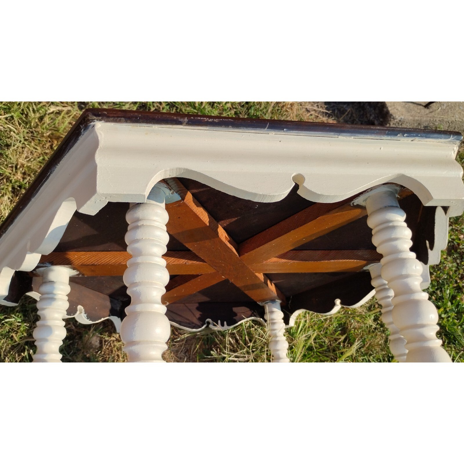 Antique Solid Wood/White Hexagon Parlor Table Ornate Architectural 28×25″ 30″ T