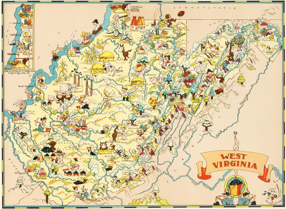 Canvas Reproduction, Vintage Pictorial Map of West Virginia Ruth Taylor 1935