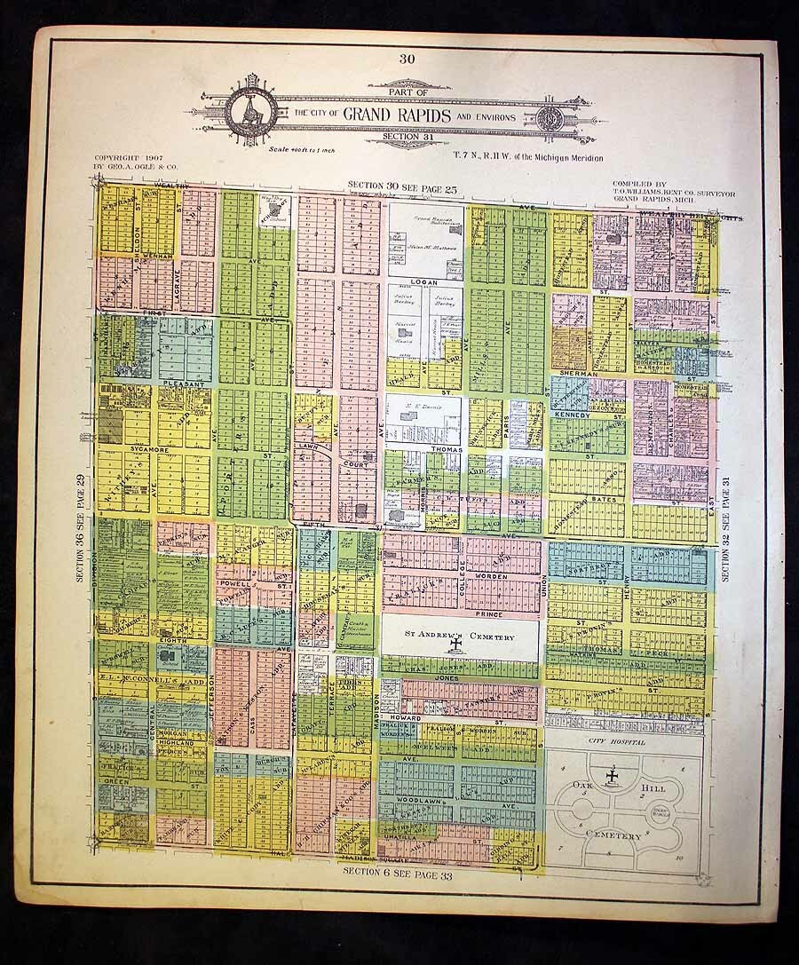 City of Grand Rapids 1907 Plat Map Division Wealthy Hall St Market Kent Michigan