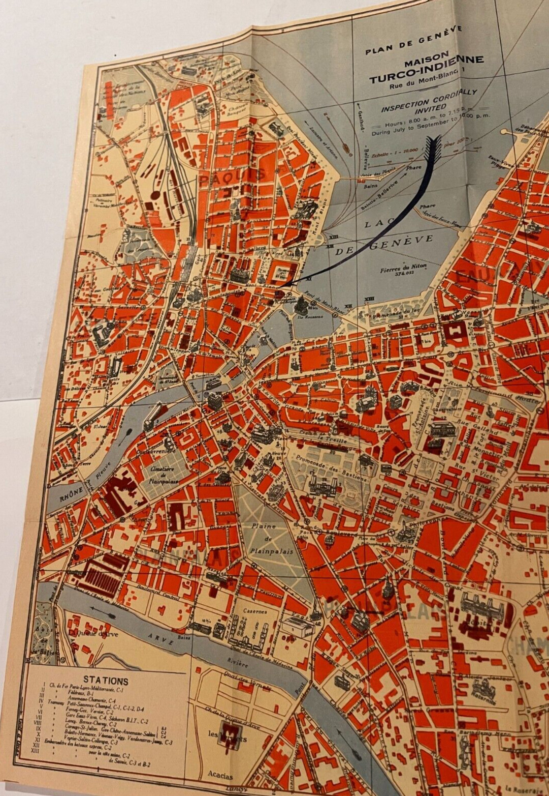 Vintage Geneva Switzerland Map Cemetery of Kings Arve Rhone River 12″ by 15″
