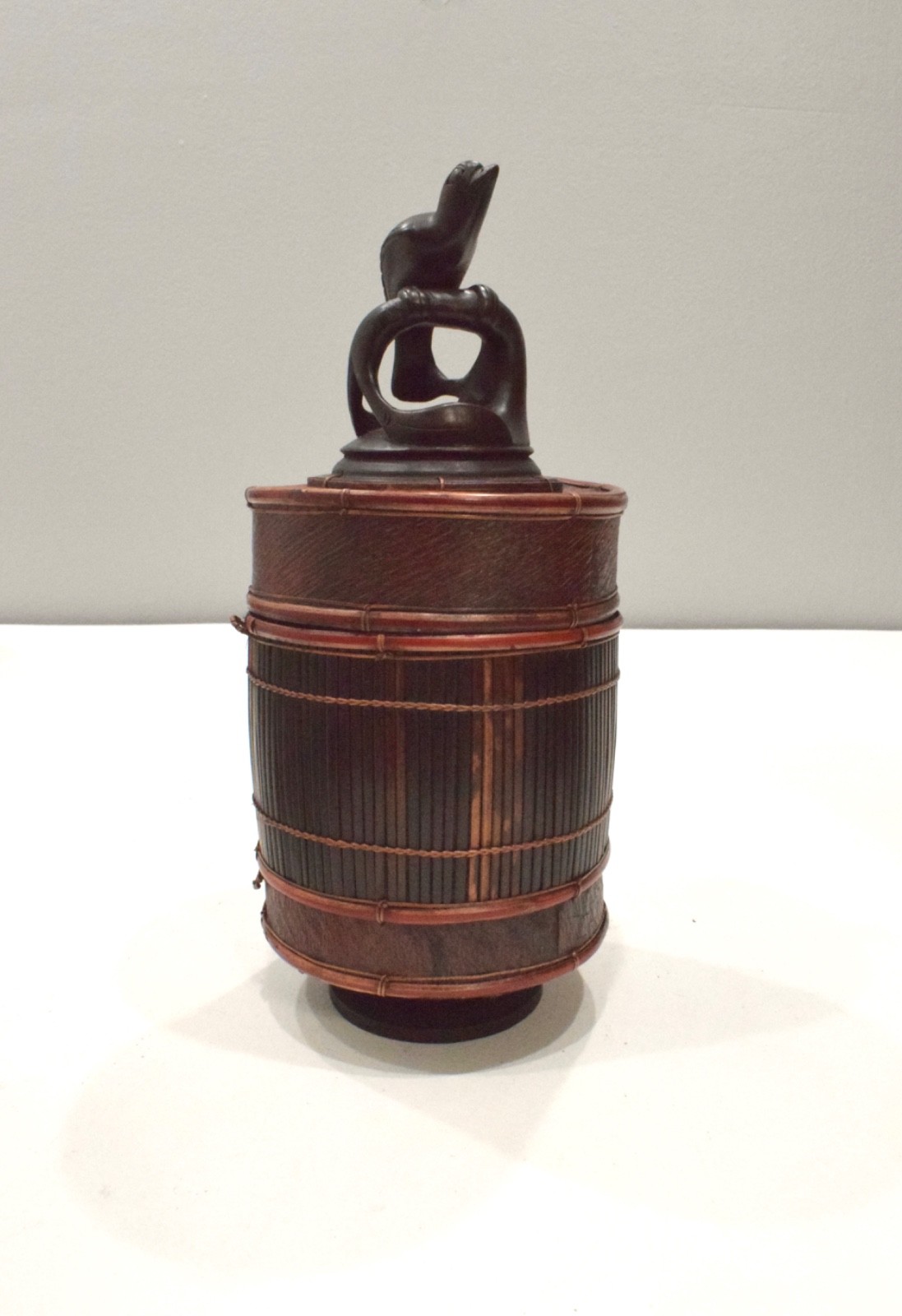 Basket Indonesian Palm Leaf Container Animal Wood Carving Top