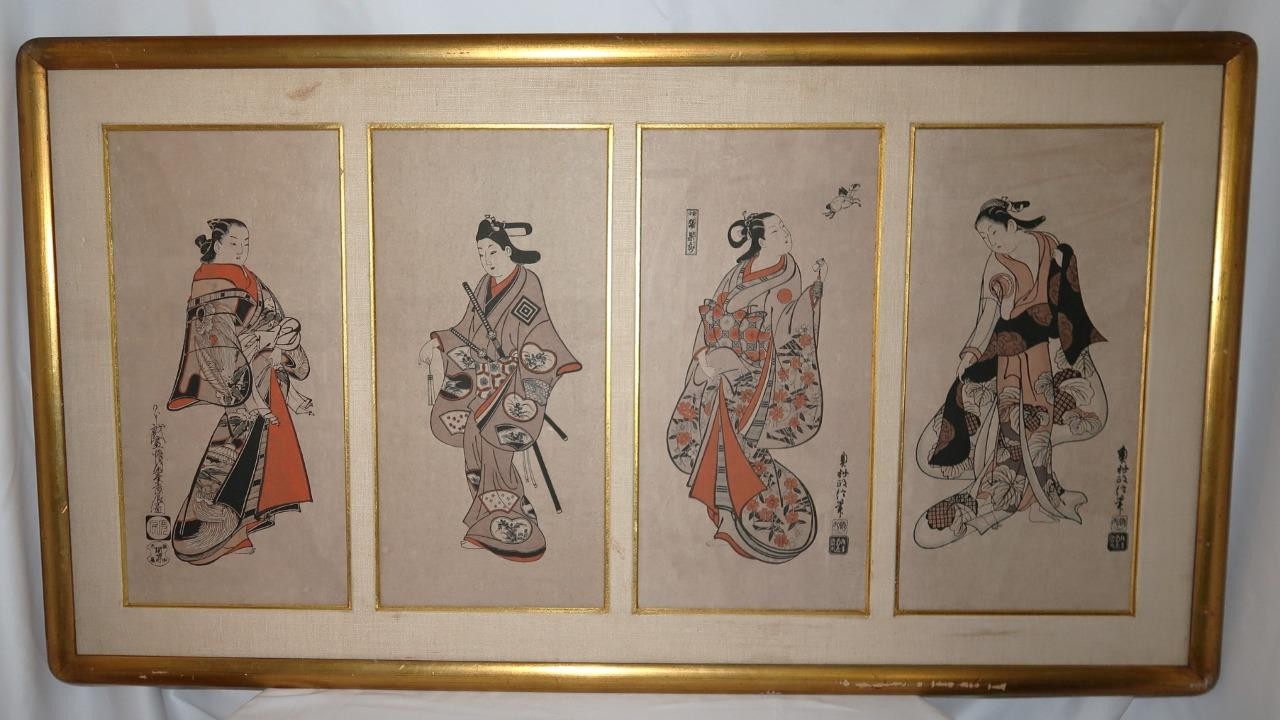 Japanese Colored Woodblock Geish In Kimono Courtesan Prints Framed 38 1/2″ x 21″