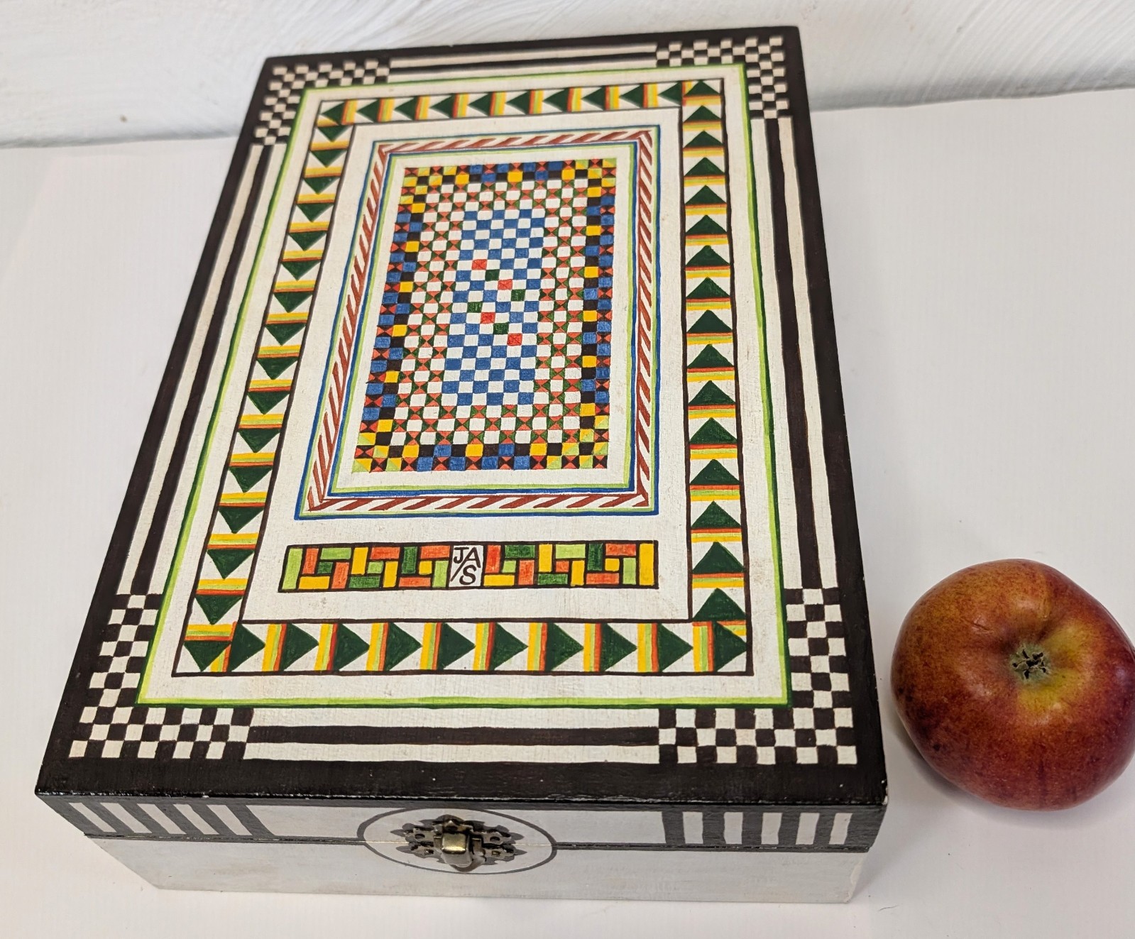 Vintage Jewellery or Makeup Wooden Box with Mirror Hand Made and Painted 32cm
