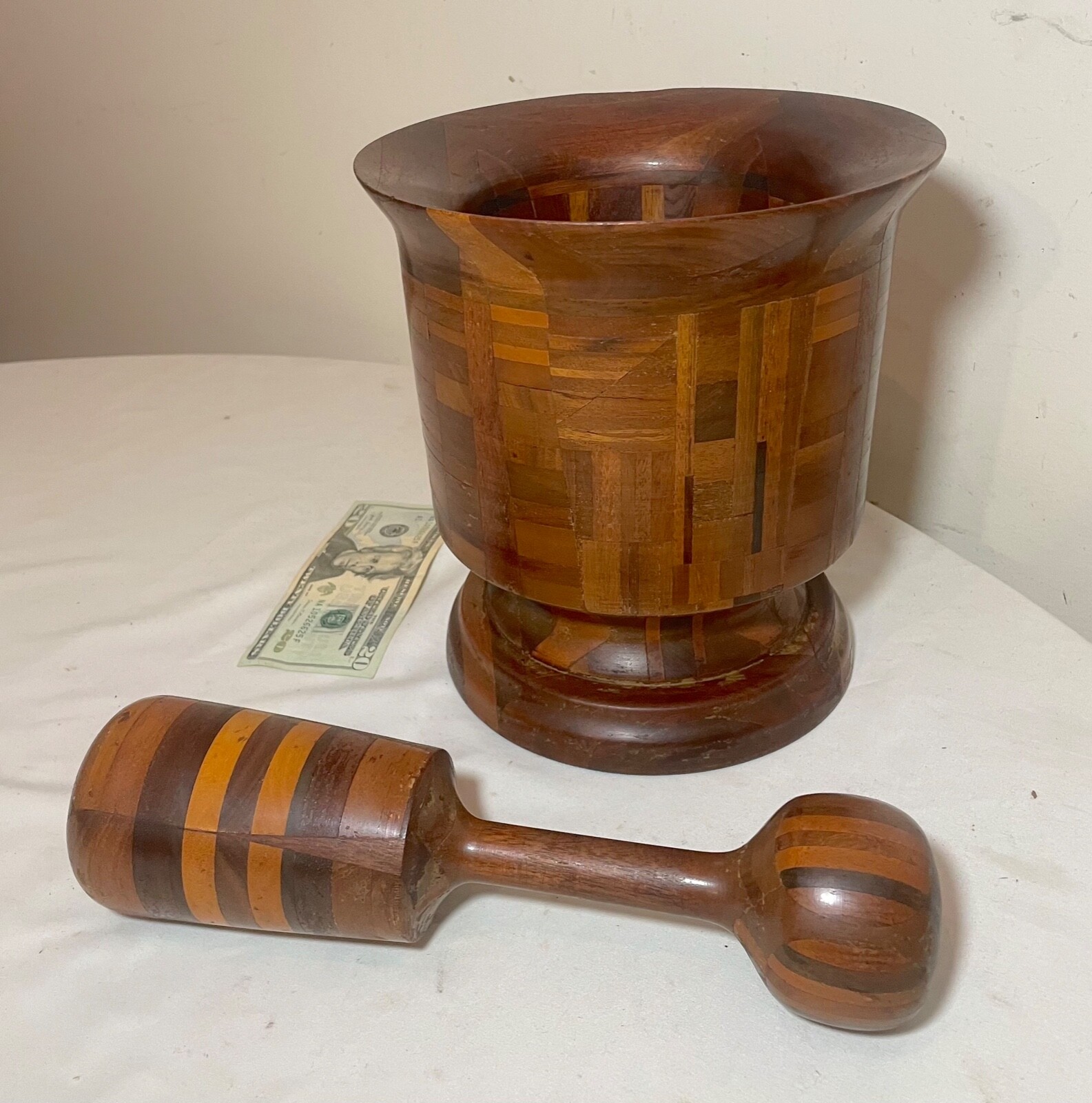 HUGE rare antique hand made turned carved wood marquetry mortar and pestle large