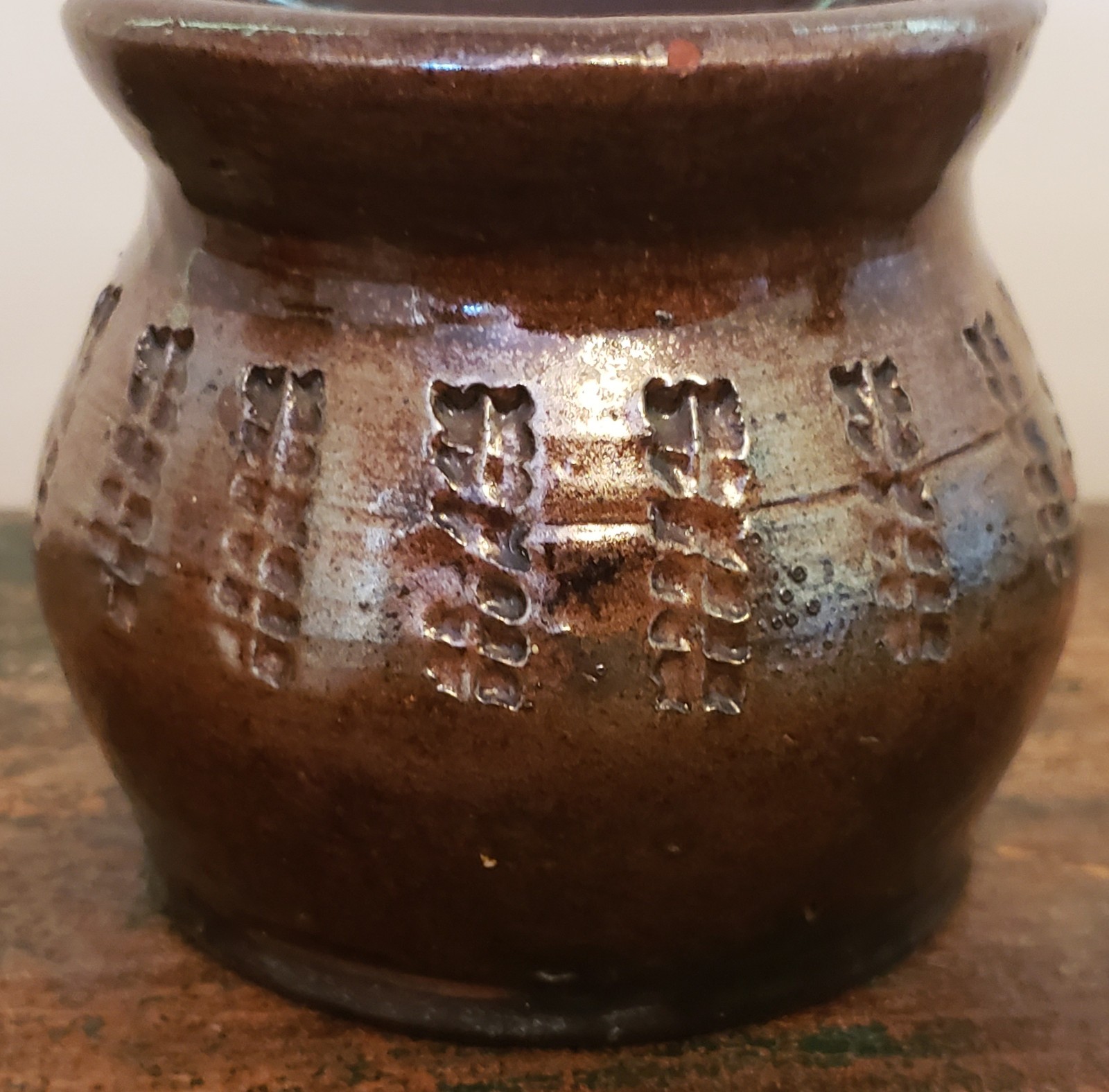 20TH Cent HENRY SCHOFIELD MD Coggle Decorated BROWN GLAZE REDWARE SUGAR BOWL