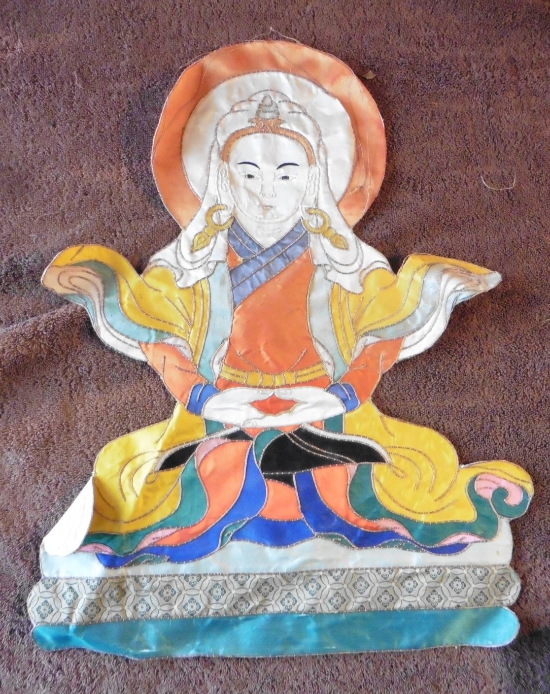 Vintage Seated Buddha Silk Embroidery Thangka Thanka Asian Deity 19″ x 15″