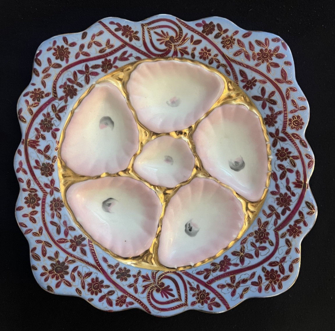Beautiful Antique Marx & Gutherz Blue Pink Gold Porcelain Oyster Plate 1800’s