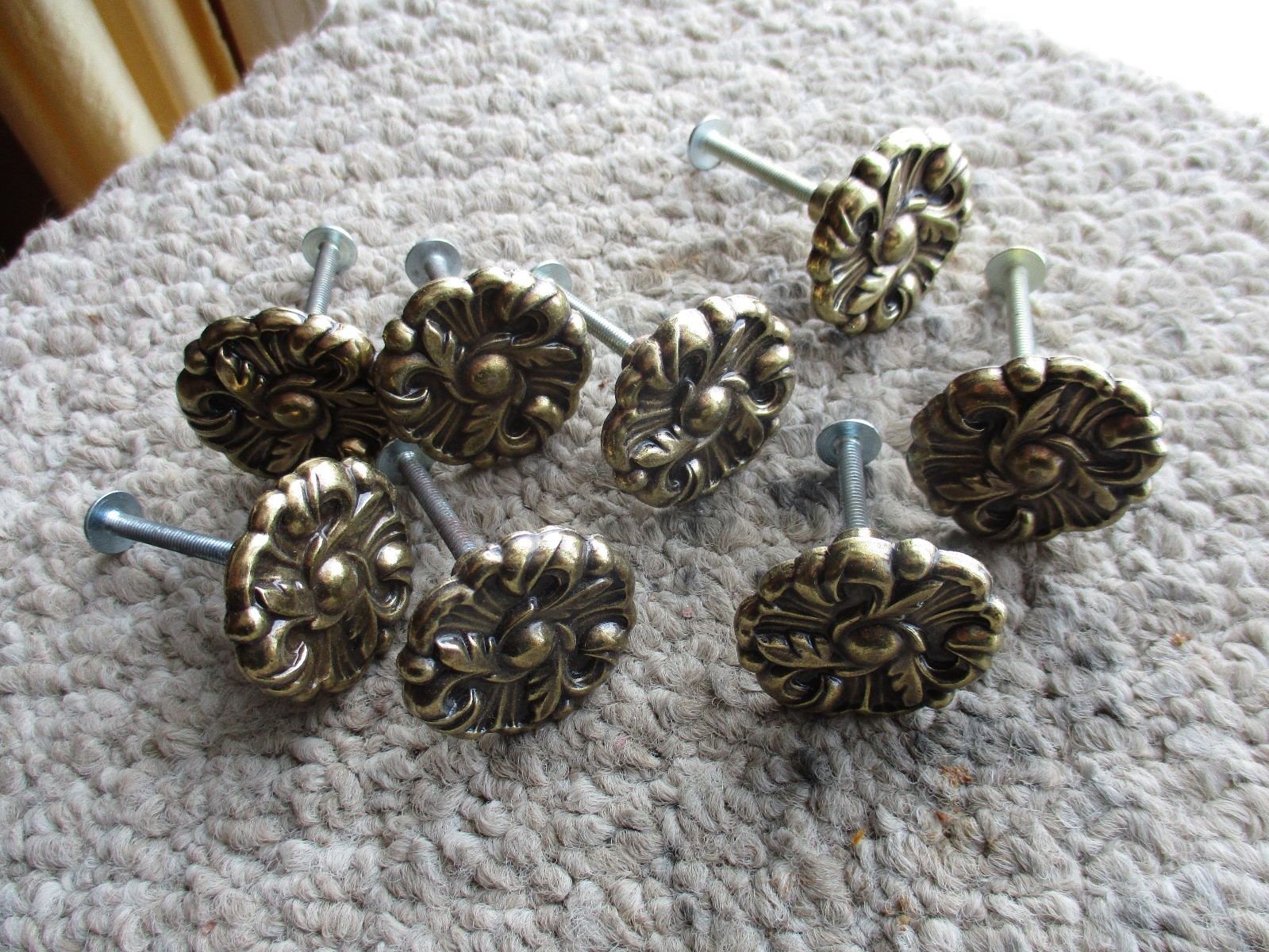 1970s VINTAGE RETRO DRESSER ROSETTE STYLE FAUX BRONZE KNOB PULLS x 8 RESTORATION