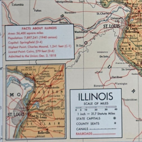 ILLINOIS State Map Chicago Springfield St Louis Region 1940 Vintage Atlas Map