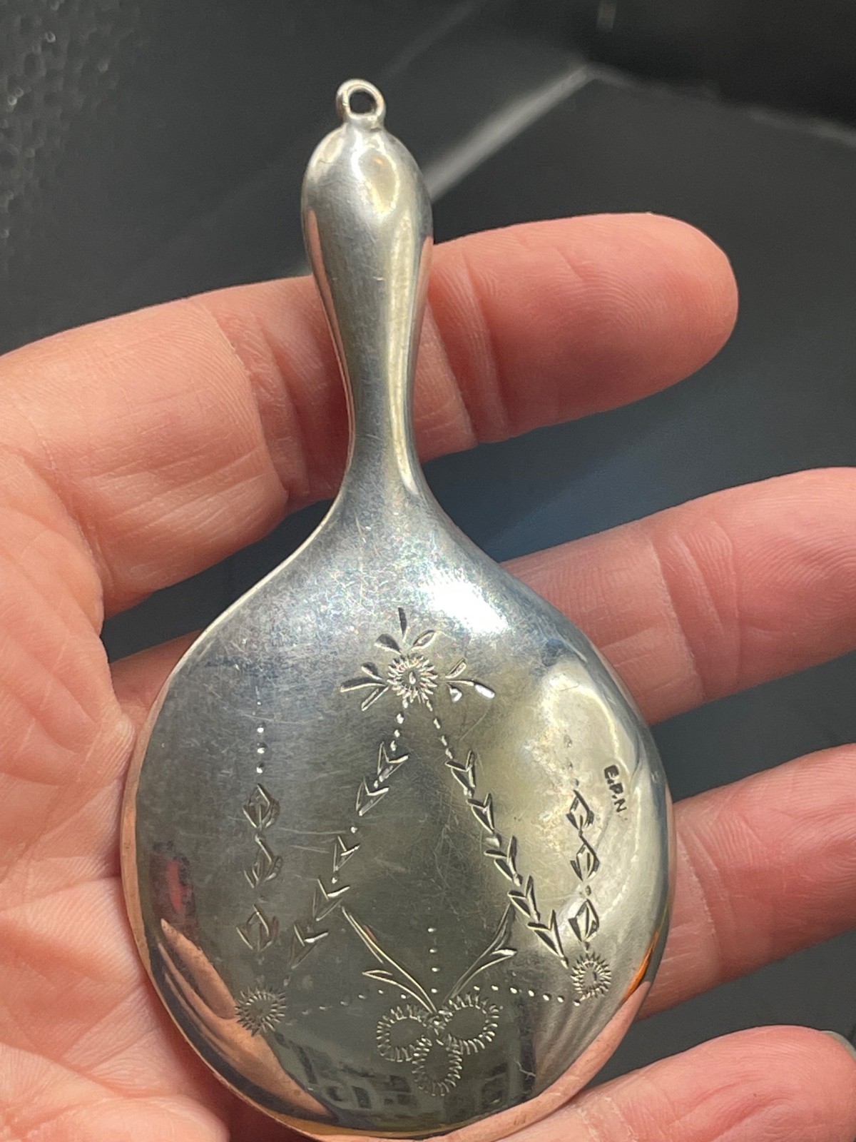 Miniature Antique Victorian chatelain hand mirror silver plated