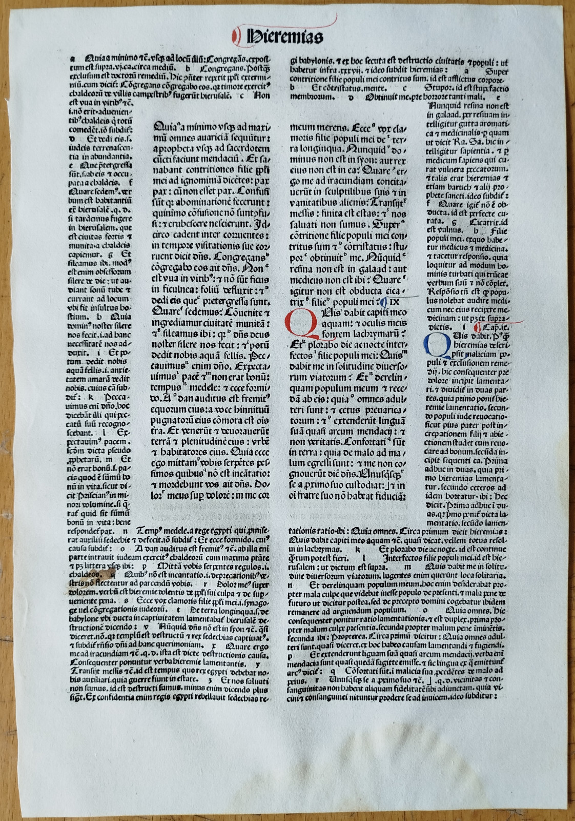 Hieremias – Renner Original Incunable Leaf Biblia Latina Venice Folio – 1482
