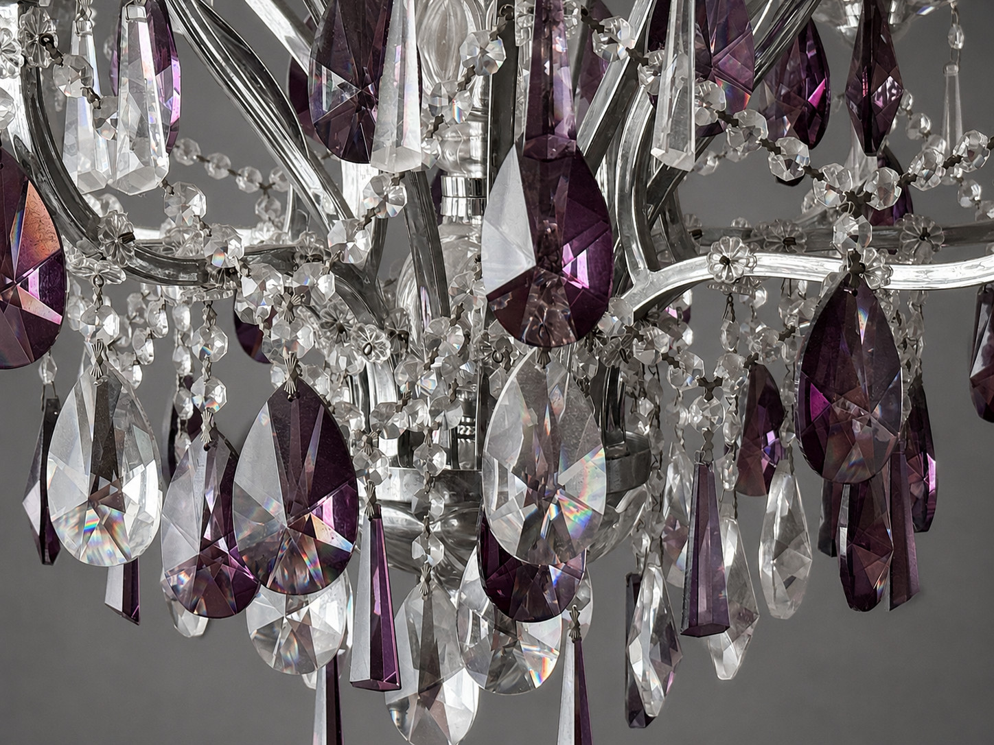Chandelier 1990 Regency Nickel Chrome Purple Clear Crystal 16 Light Rewired