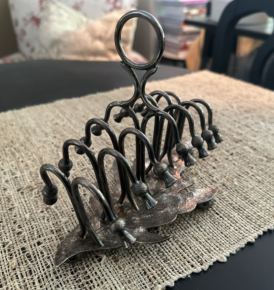 8” Antique Ornate Footed Victorian Silver Plate Scottish Thistle Toast Rack