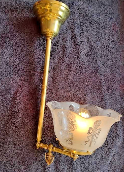Chandelier Antique 1870 – 1900s , Gas to Elec. Acid etched Frosted Shade.