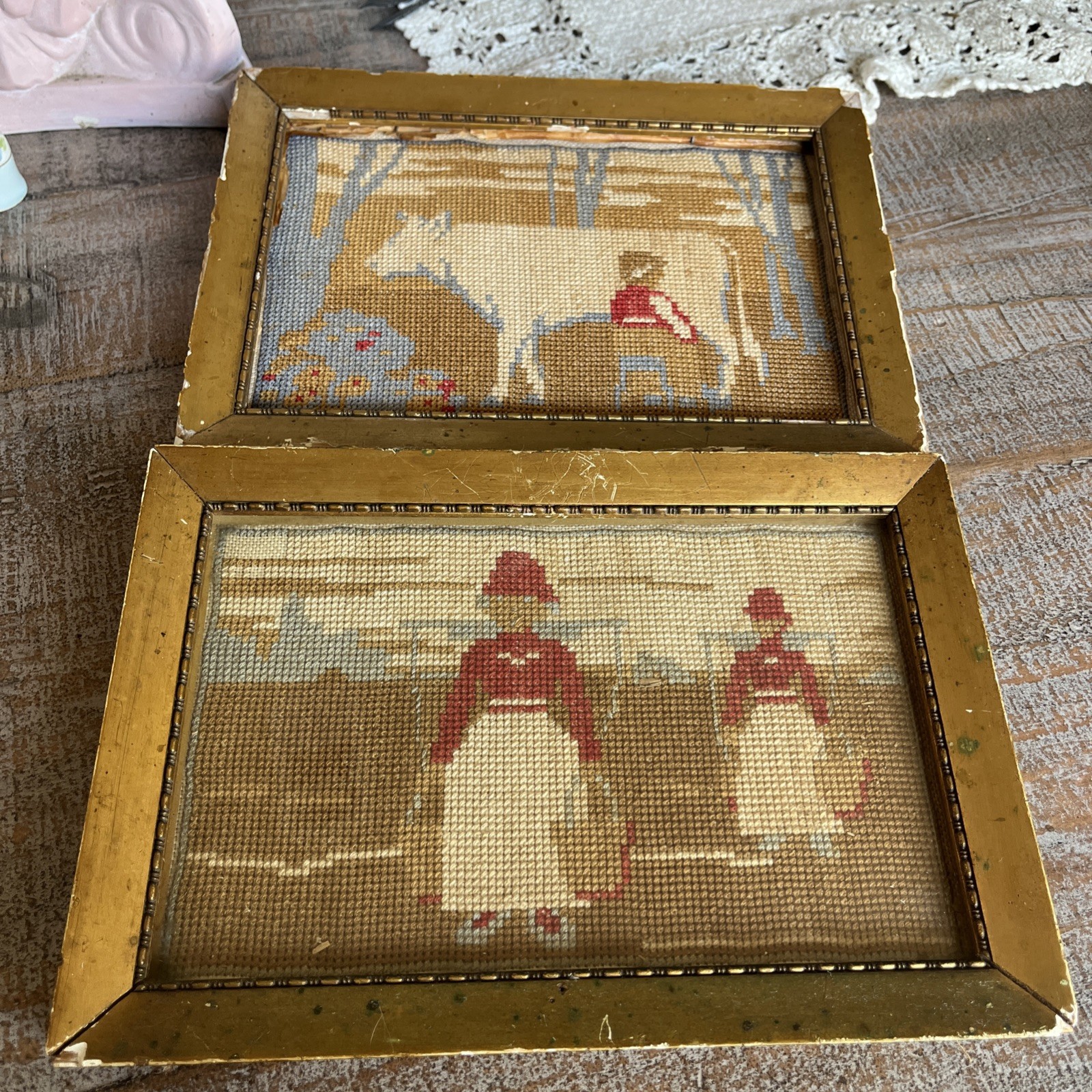 Pair of Antique Dutch Needlepoints F.J. Winter Amsterdam Folk Art Cow Milkmaids