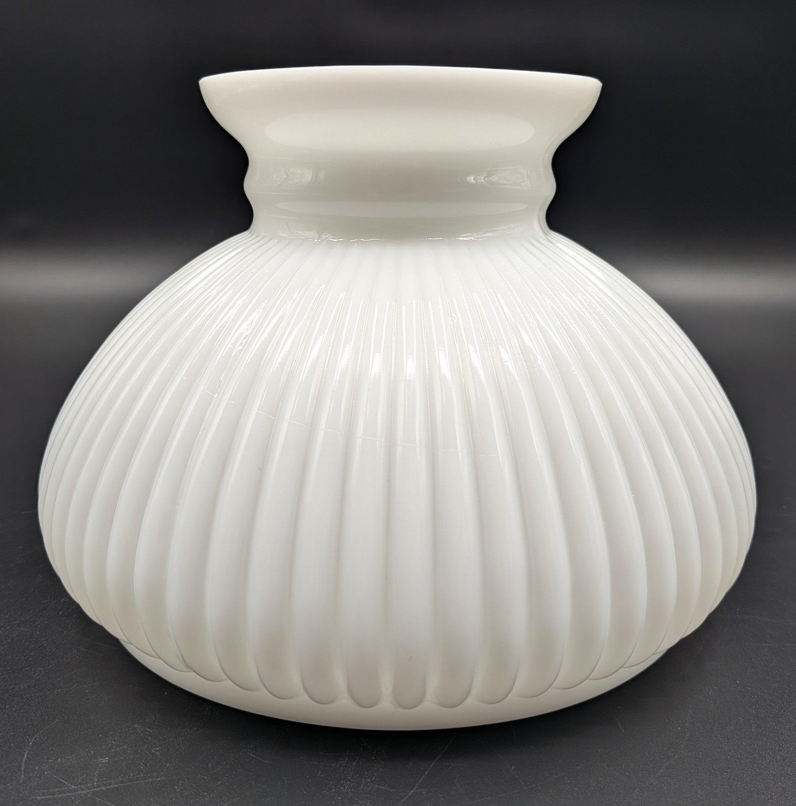 Vintage 8″ dia. White Milk Glass Ribbed Glass Student Shade, 7” Fitter, VG Cond.
