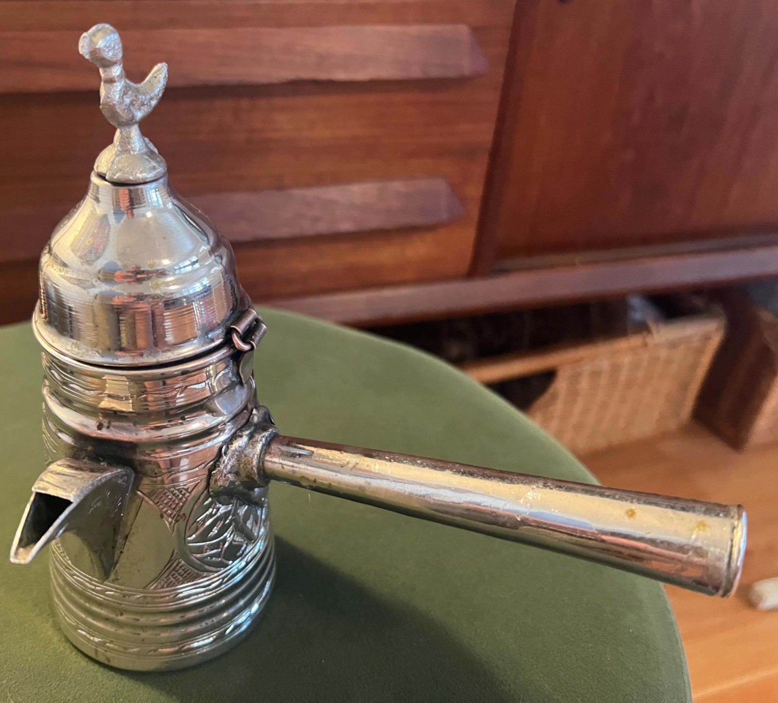 Vintage Middle Eastern Dallah Coffee Pot Hand Engraved Silver Plated 7″ Bird Lid