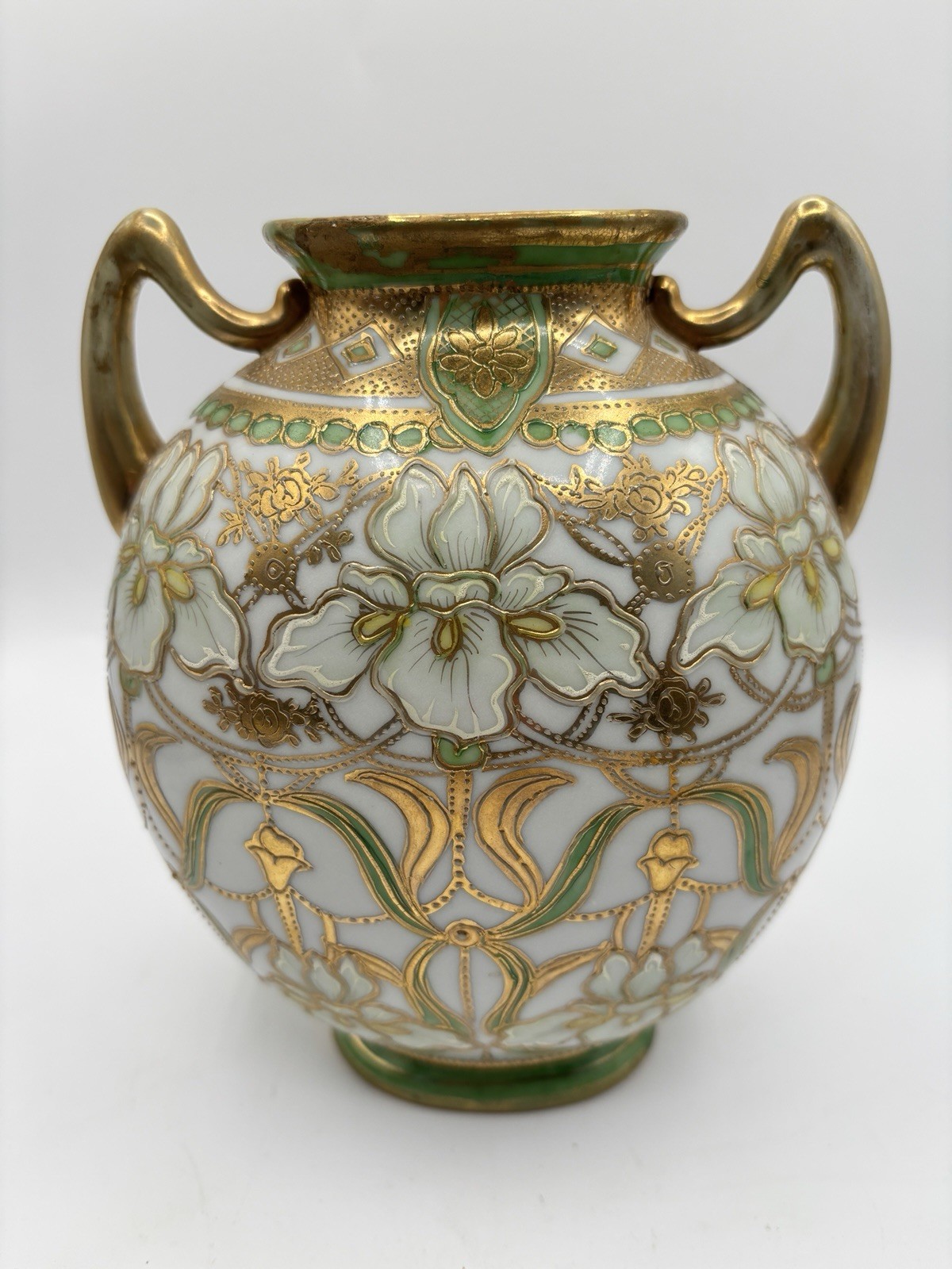 Antique Japan I & E C Co Moriage Handled HP Vase Irises Gold Art Nouveau