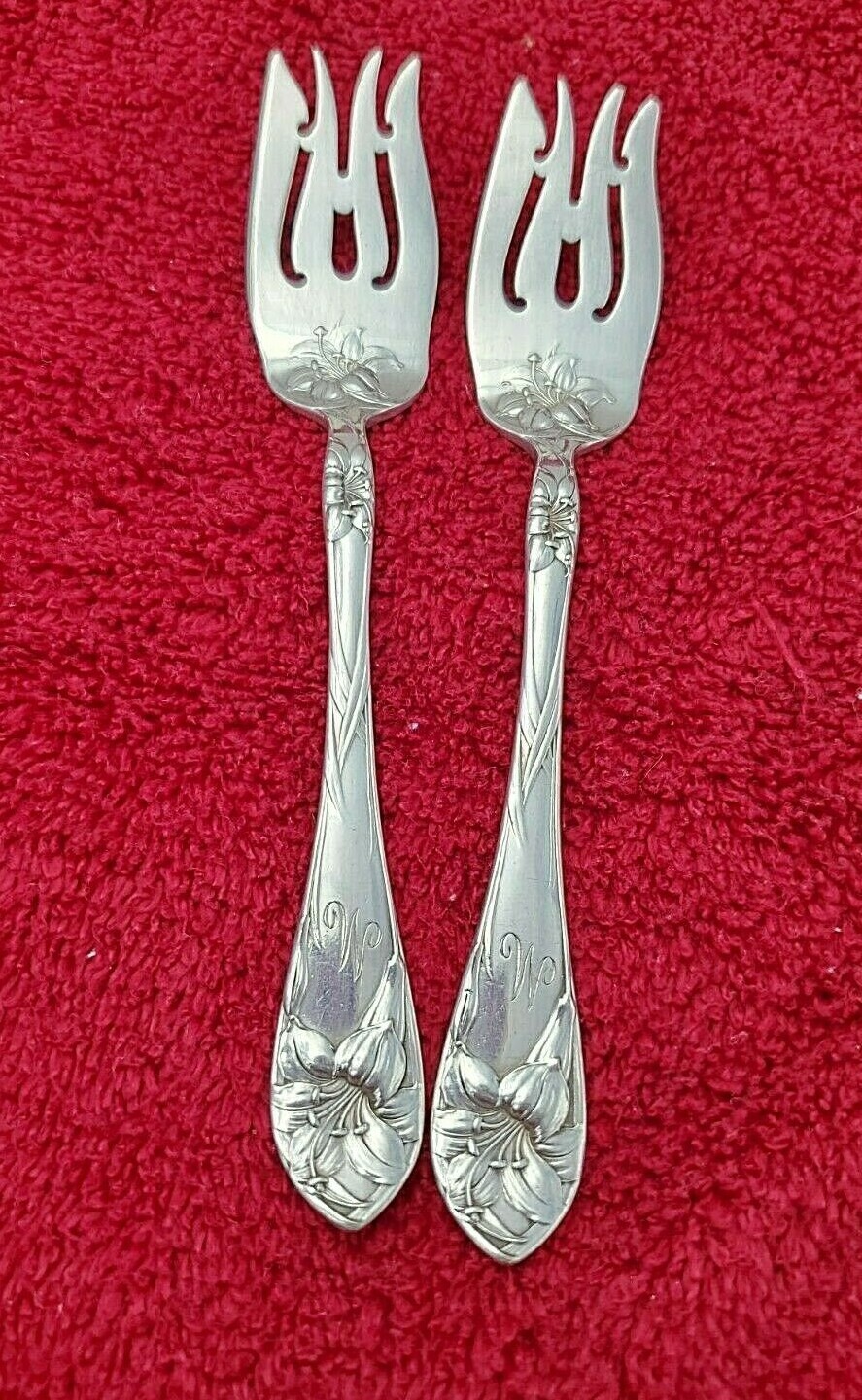 2 Lily aka Easter Lily Alvin Silverplate Fish Forks with Bar and Piercing