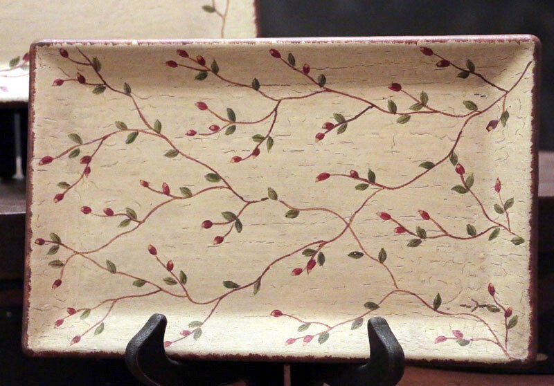 Distressed Wood Tray Burgundy Berry Vine for Candles or Primitive Decor 10.5 in