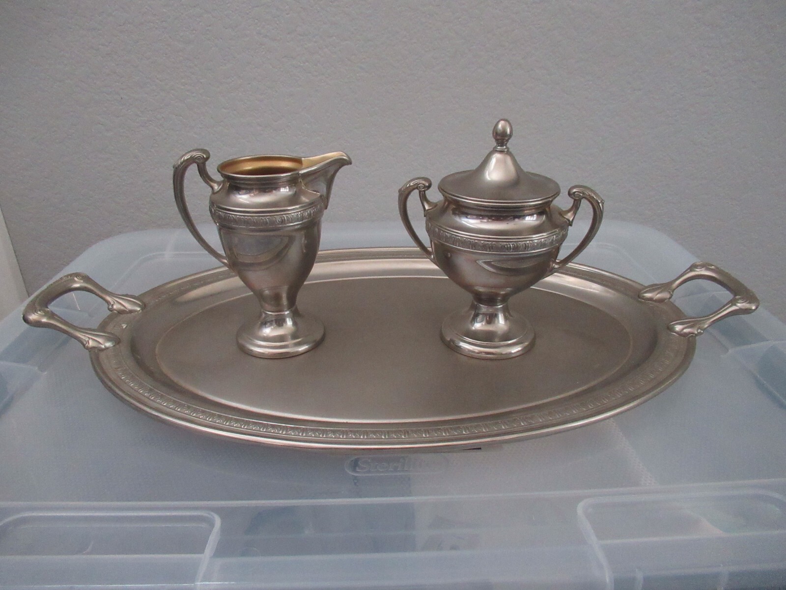 Antique Means Best Manning Bowman Co Creamer & Sugar Bowl Set W/ SERVING TRAY