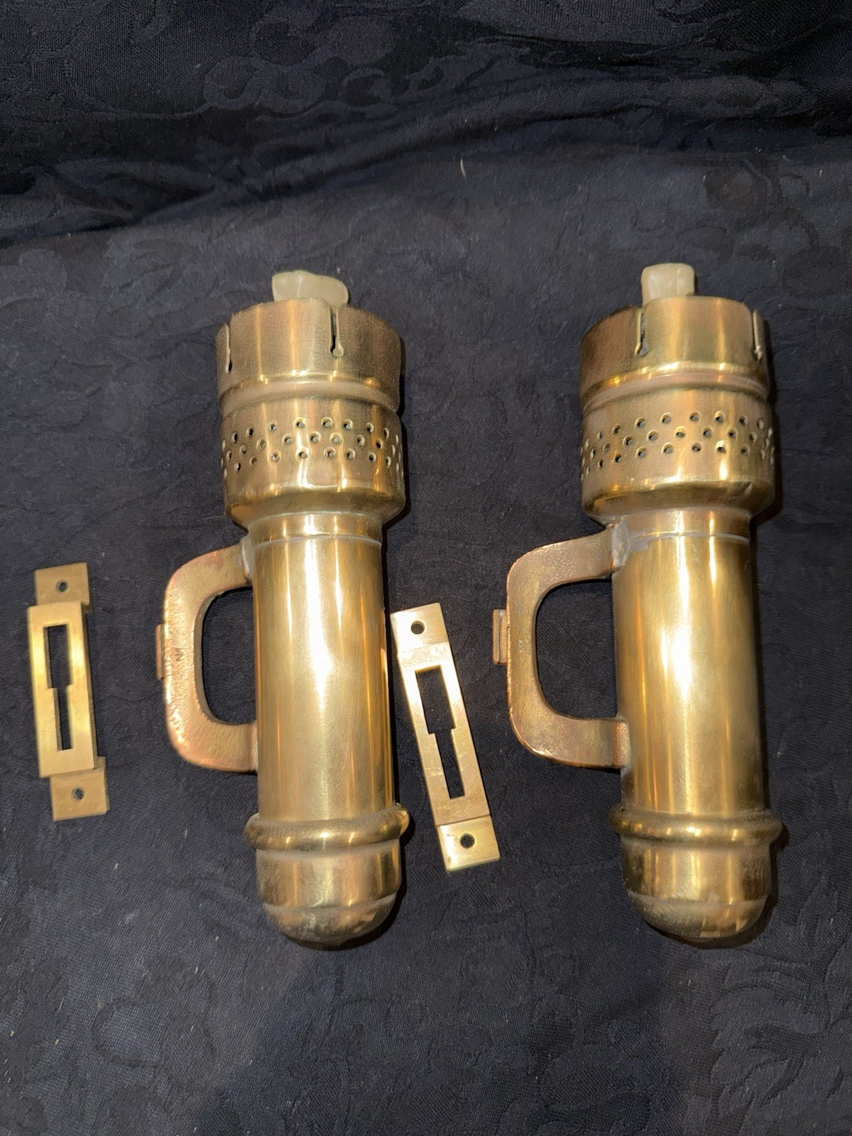 Pair of Antique Brass Inside Railroad Car Candle Lamp Lantern Sconce NYCO