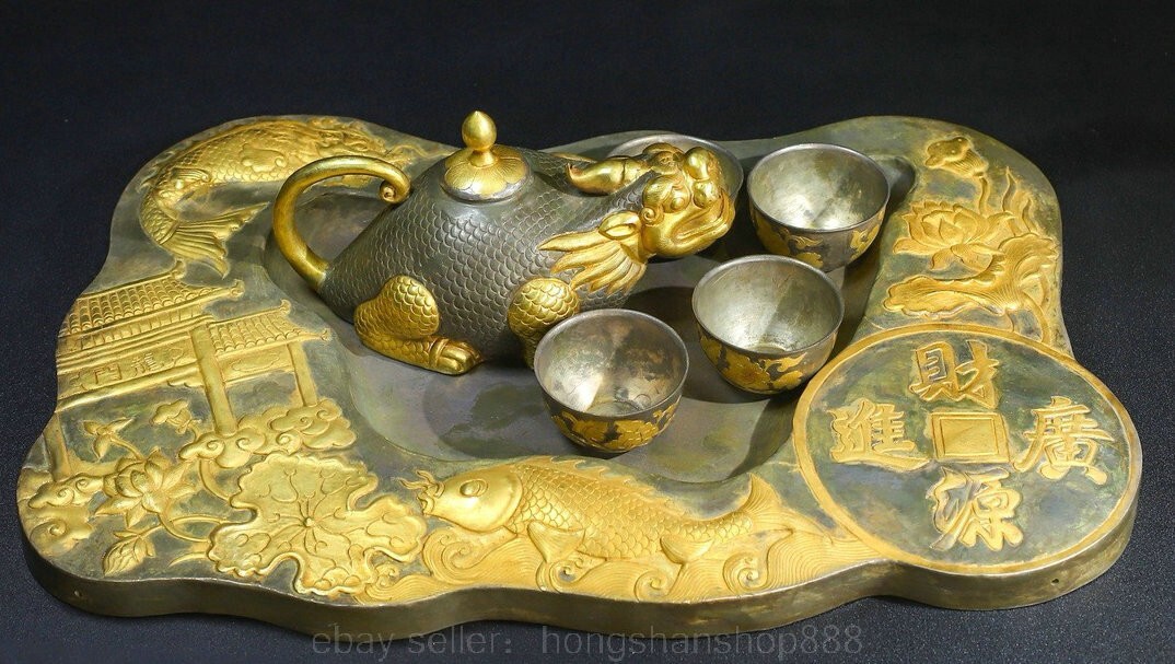 17.6″ Old Chinese Copper 24K Gold Gilt Dragon Turtle Tea Pot Cup Statue Set