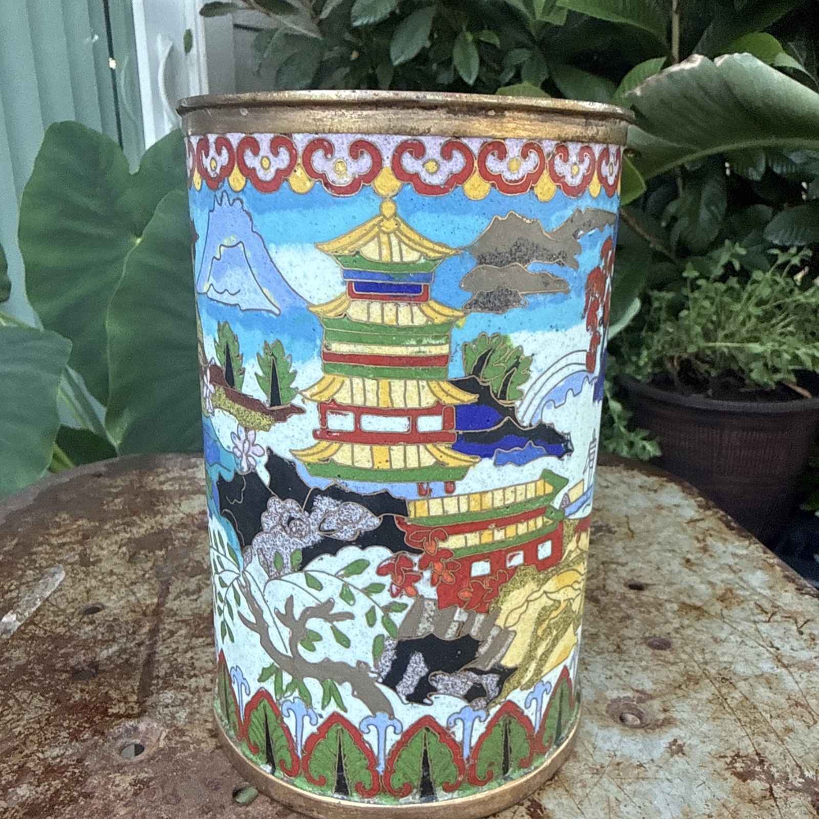 Antique Cloisonne Enamel Brush Pot Floral Pagodas Design 6.5”t 4” Diameter