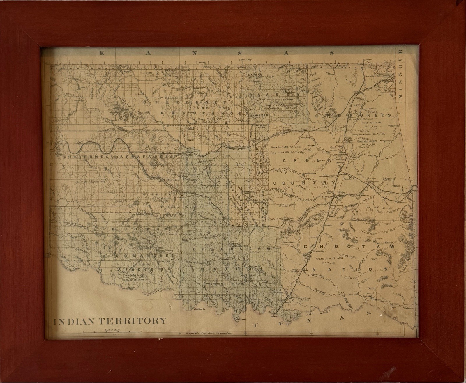 1884 Indian Territory Map Augustus Mitchell Double Sided Colorado Framed