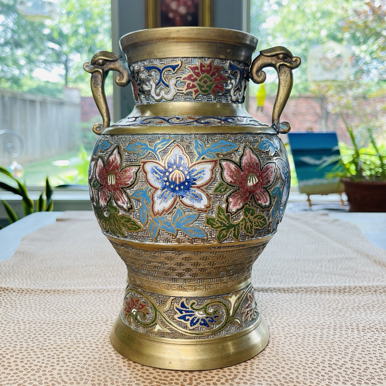 Vintage Japanese Champleve Enamel Bronze Dragon Handle Cloisonne 9” Tall Vase