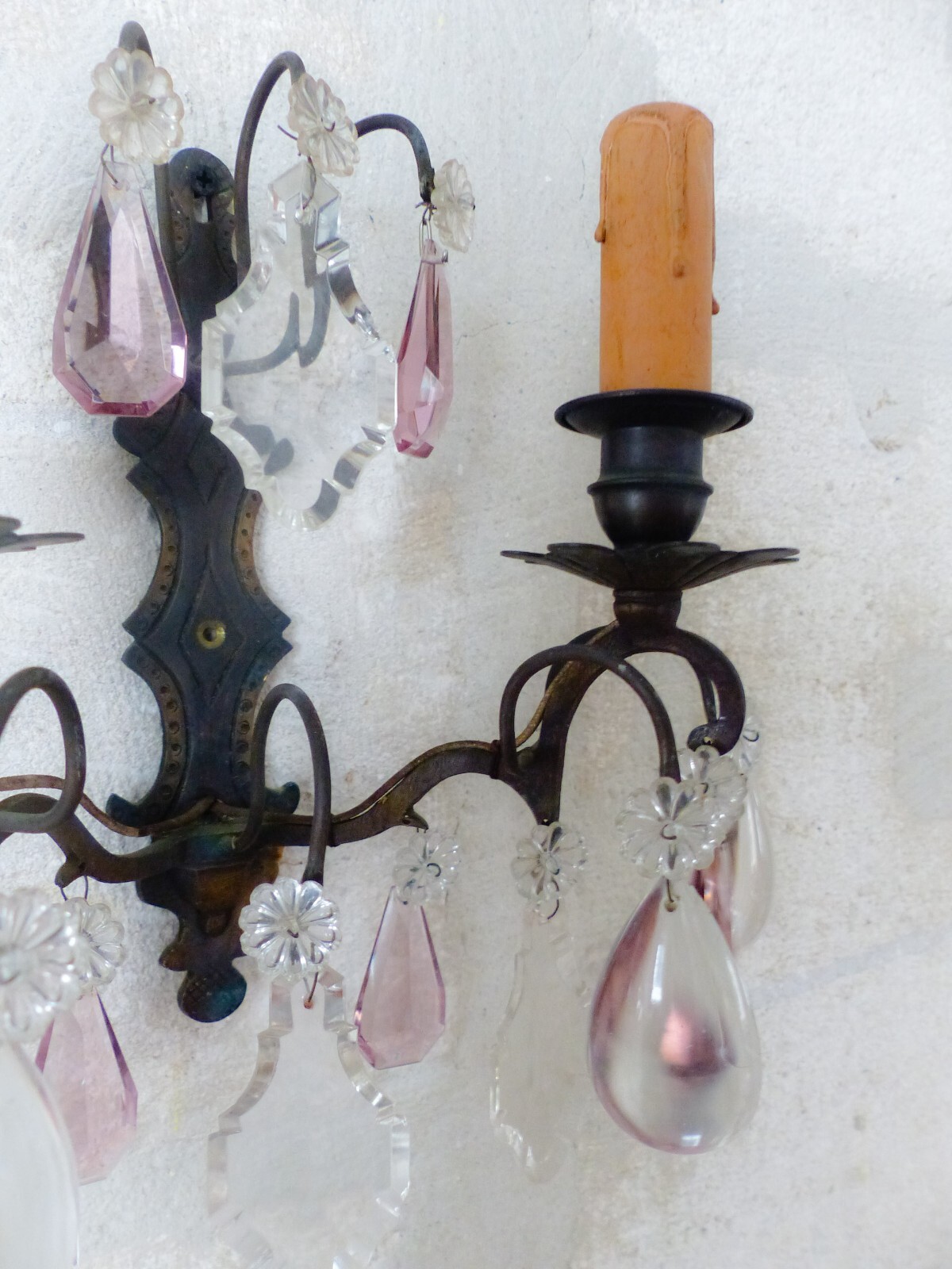 Charming 19TH Gorgeous PAIR Wall Light Bronze & Clear Crystal Drop Sconces
