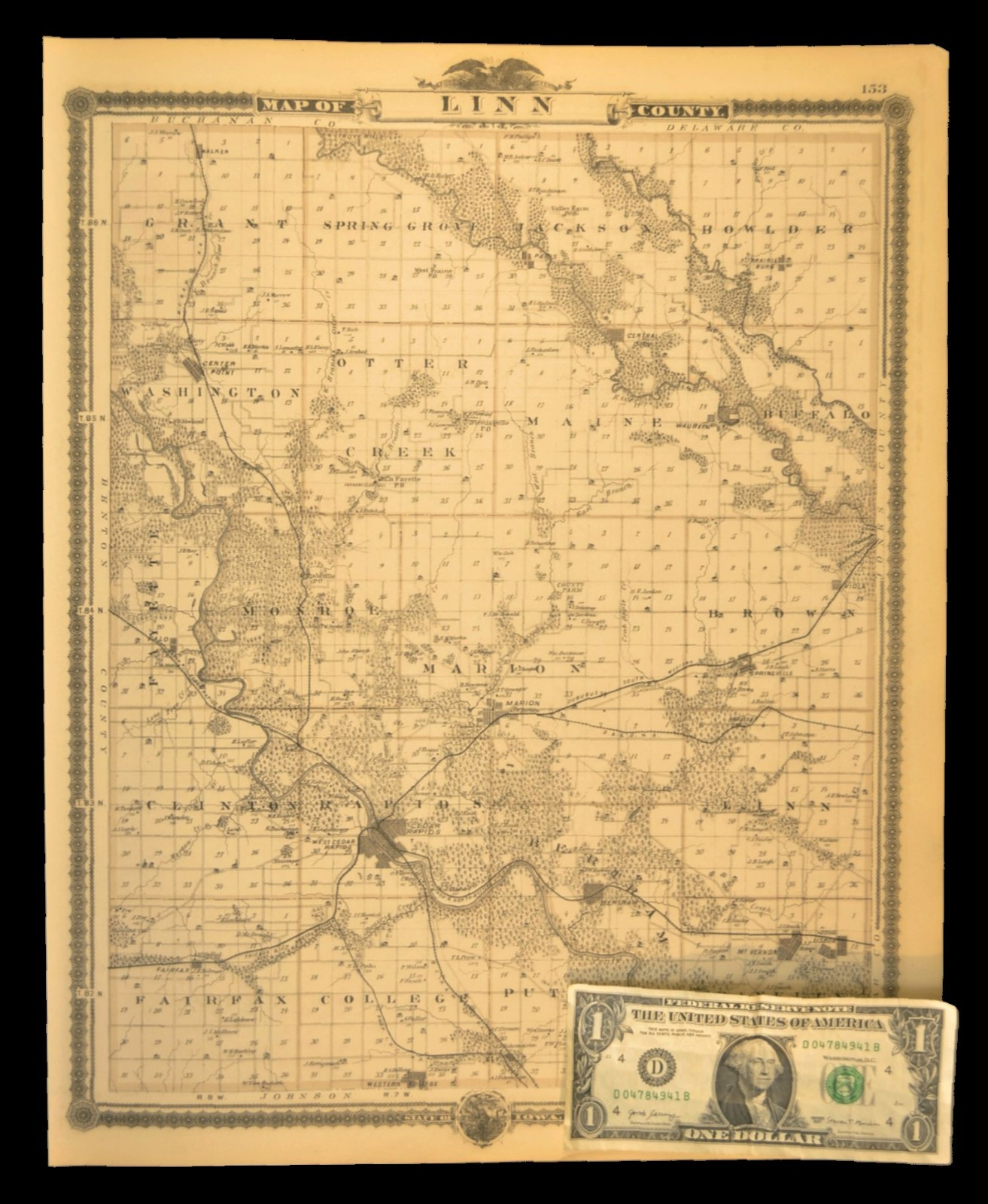 ca 1875 LINN COUNTY Map Iowa Cedar Rapids Marion Original Antique BCR&M Railroad
