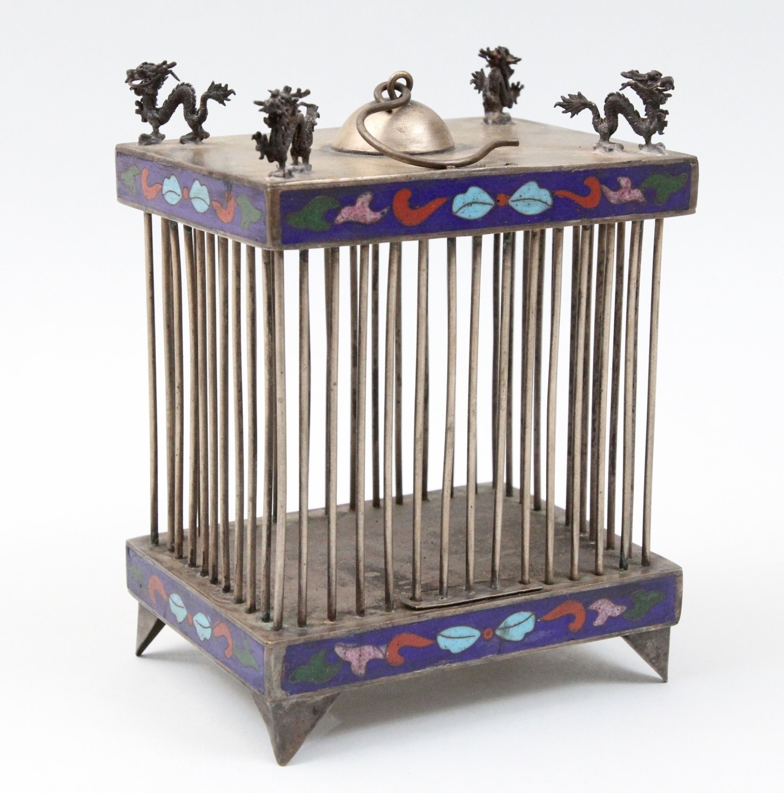 Antique Chinese Cloisonne Enamel Hanging Cricket Cage with Metal Dragon Figures