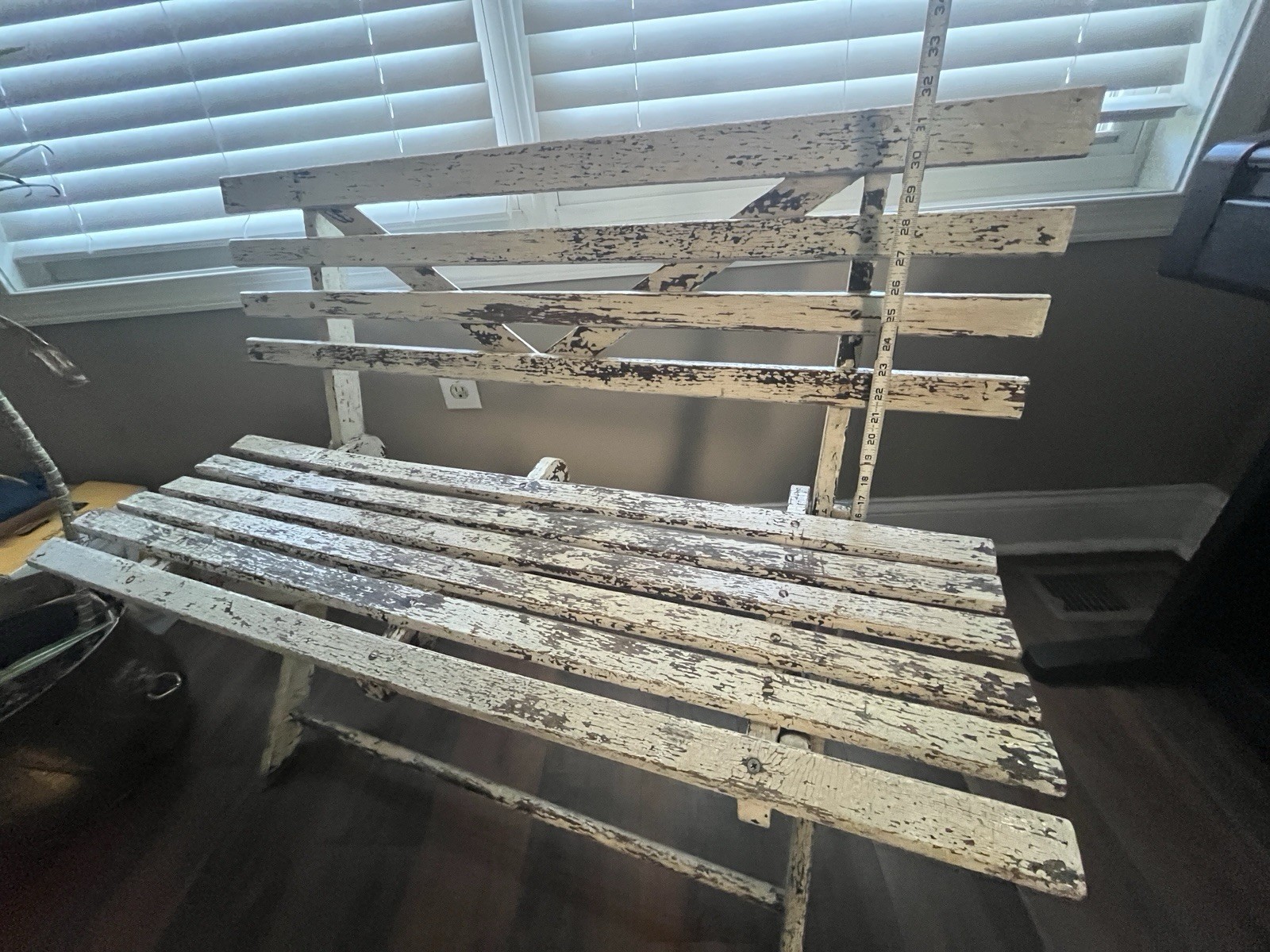 Antique Folding Wood Bench Rustic White Slatted Garden Patio Seat 42”