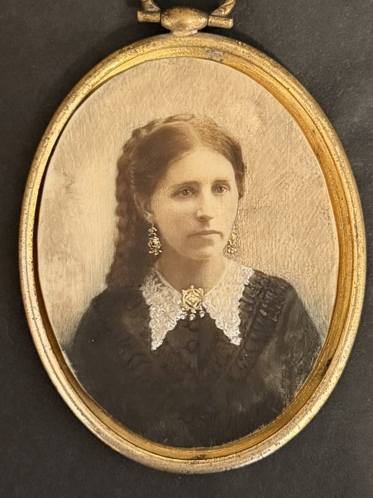 Antique Victorian 1870 Mourning Hand Tinted Woman Portrait Engraved Brass Frame