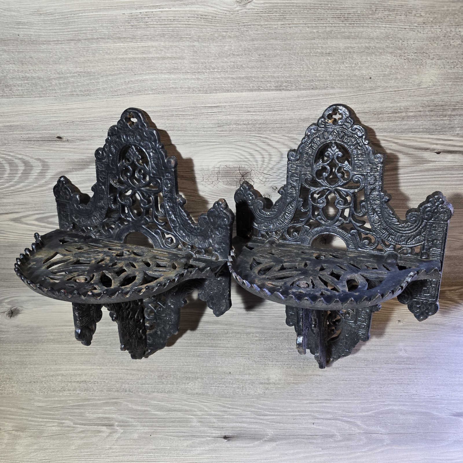 Cast Iron Wall Sconce X 2 Vintage Tea Light Holders Gothic Pattern Satin Black