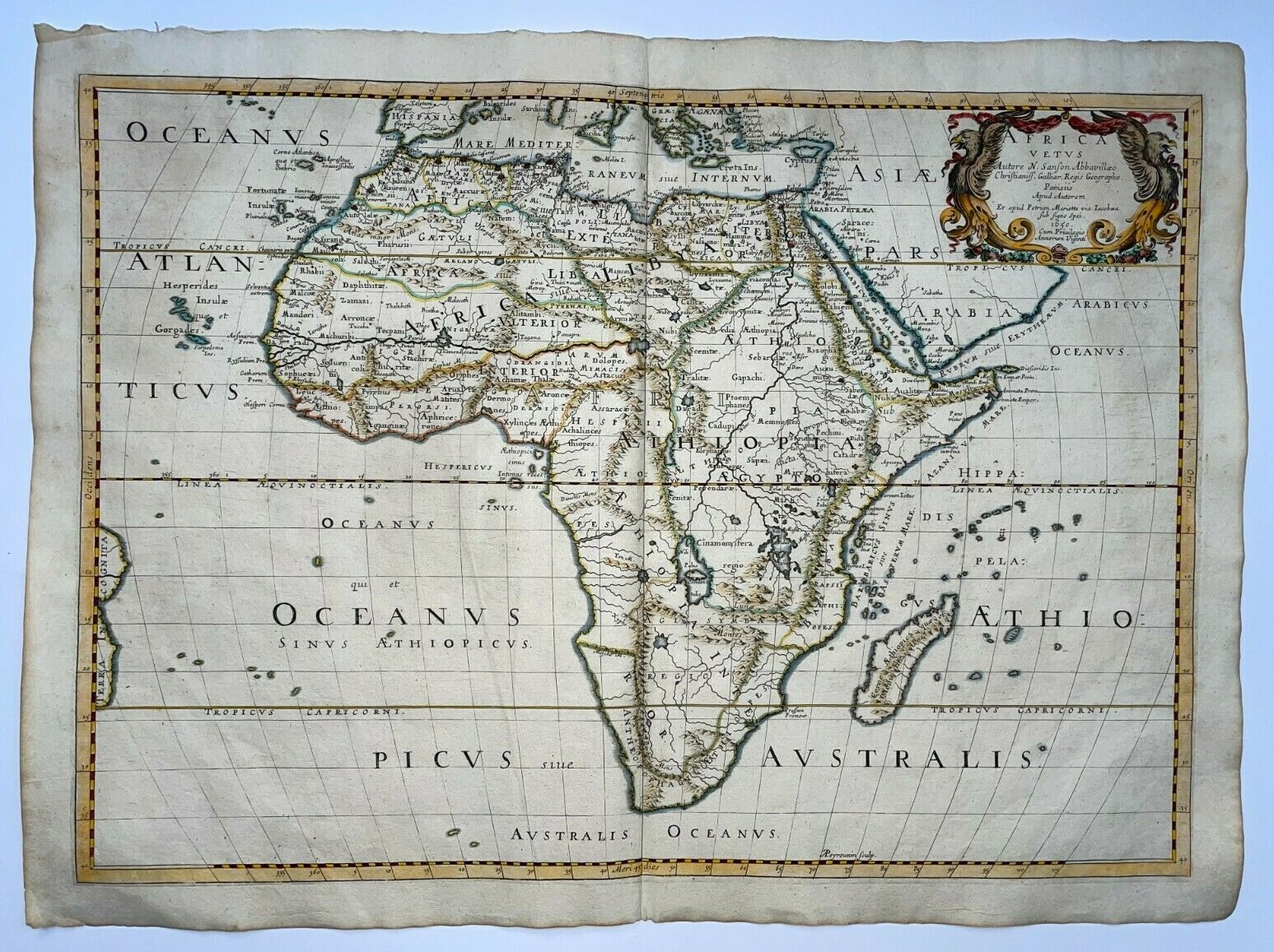 AFRICA VETUS 1650 NICOLAS SANSON D’ABBEVILLE UNUSUAL LARGE ANTIQUE MAP IN COLORS