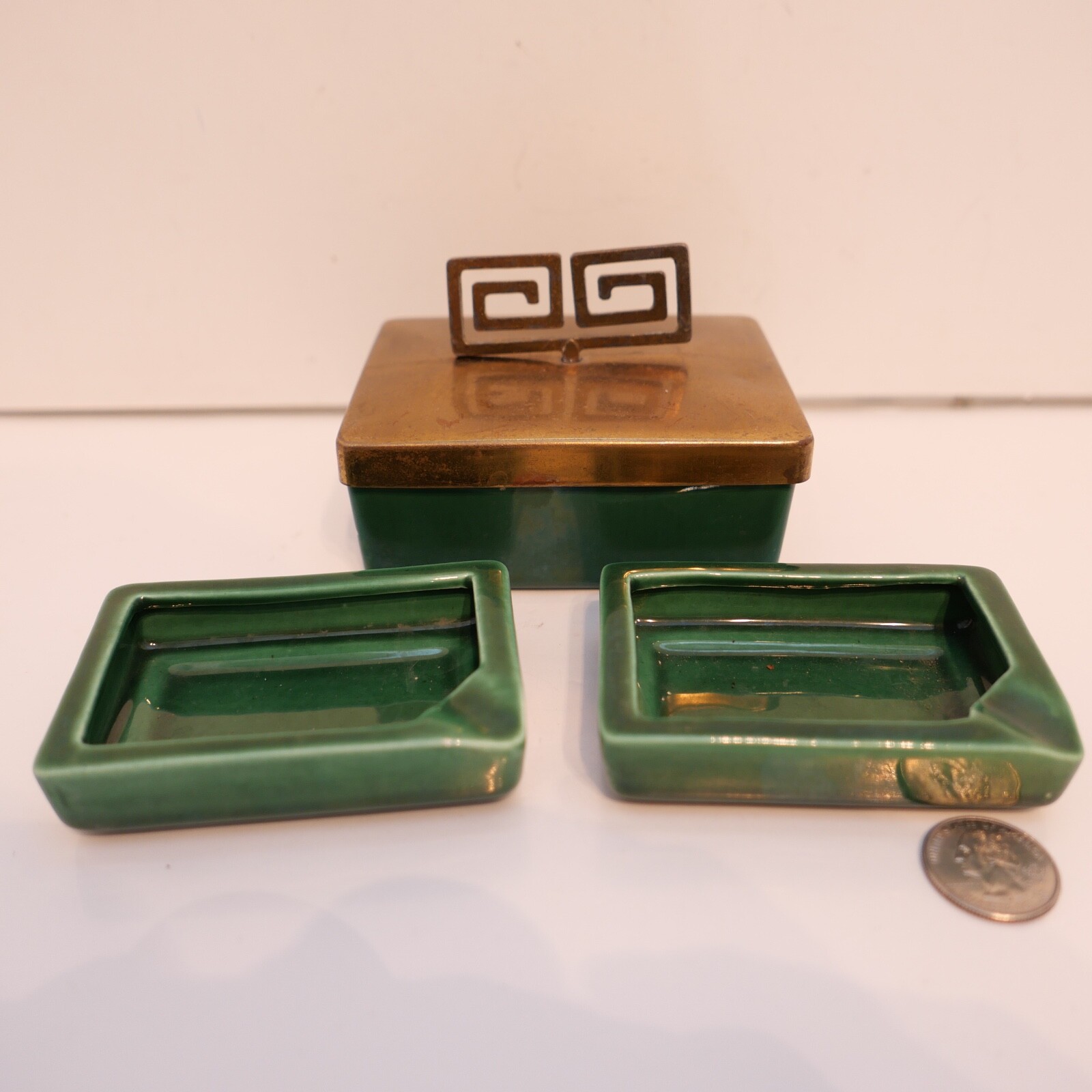 Berns Of Hollywood Mid Century Modern Ceramic Ash Tray Smoking Set w/ Brass Lid