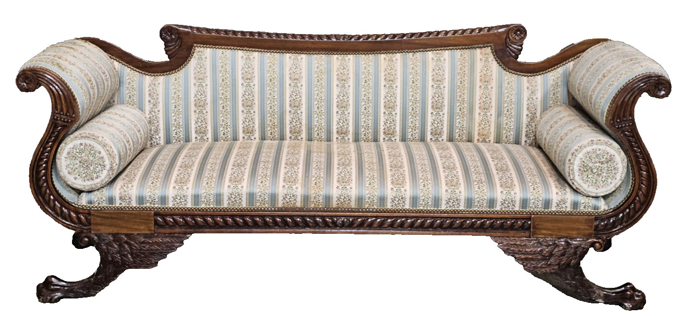 Antique American Empire Style Carved Mahogany Sofa Wing Legs Claw & Ball Feet