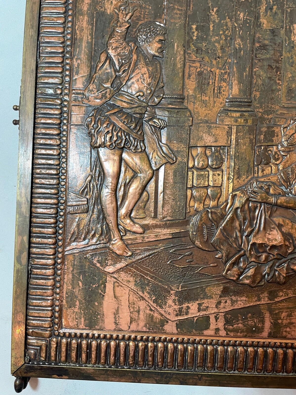 antique relief figural copper triptych panel folding table vanity mirror plaque