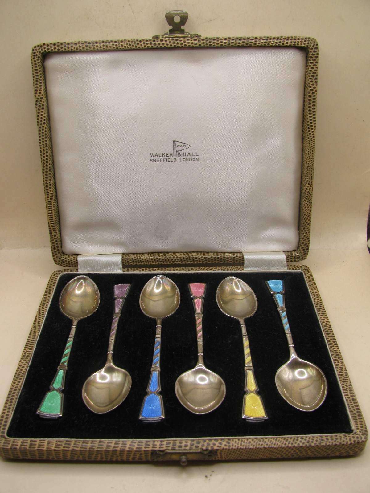 Birmingham 1957 Sterling Silver & Enamel Spoons In Case by Walker & Hall