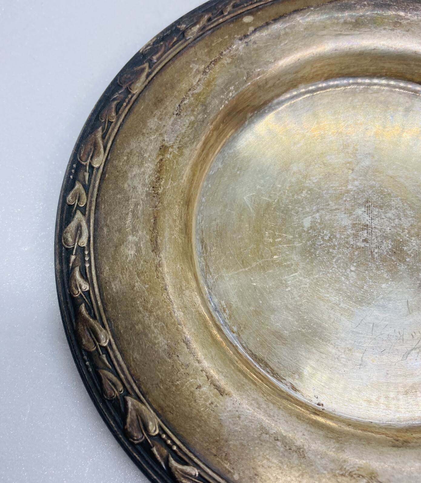 Vintage Silverplated Drinking Coaster Tray Plate Ornate Leaves Trim 5.5” Art 23