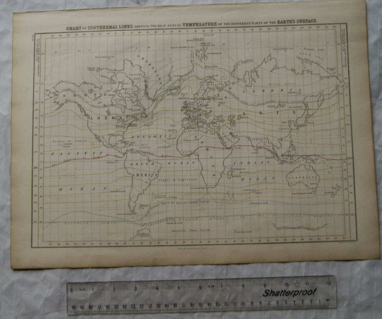 1850 Black’s steel engraved Chart of Isothermal Lines Mean Annual Temperature