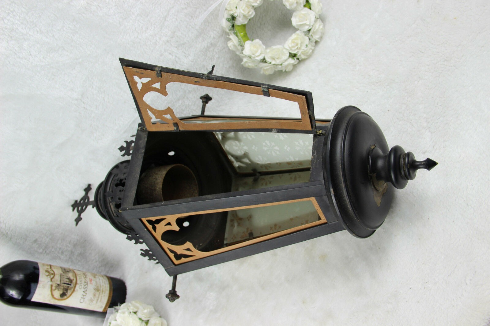Religious gothic church Lantern light metal black cross Glass Candle holder