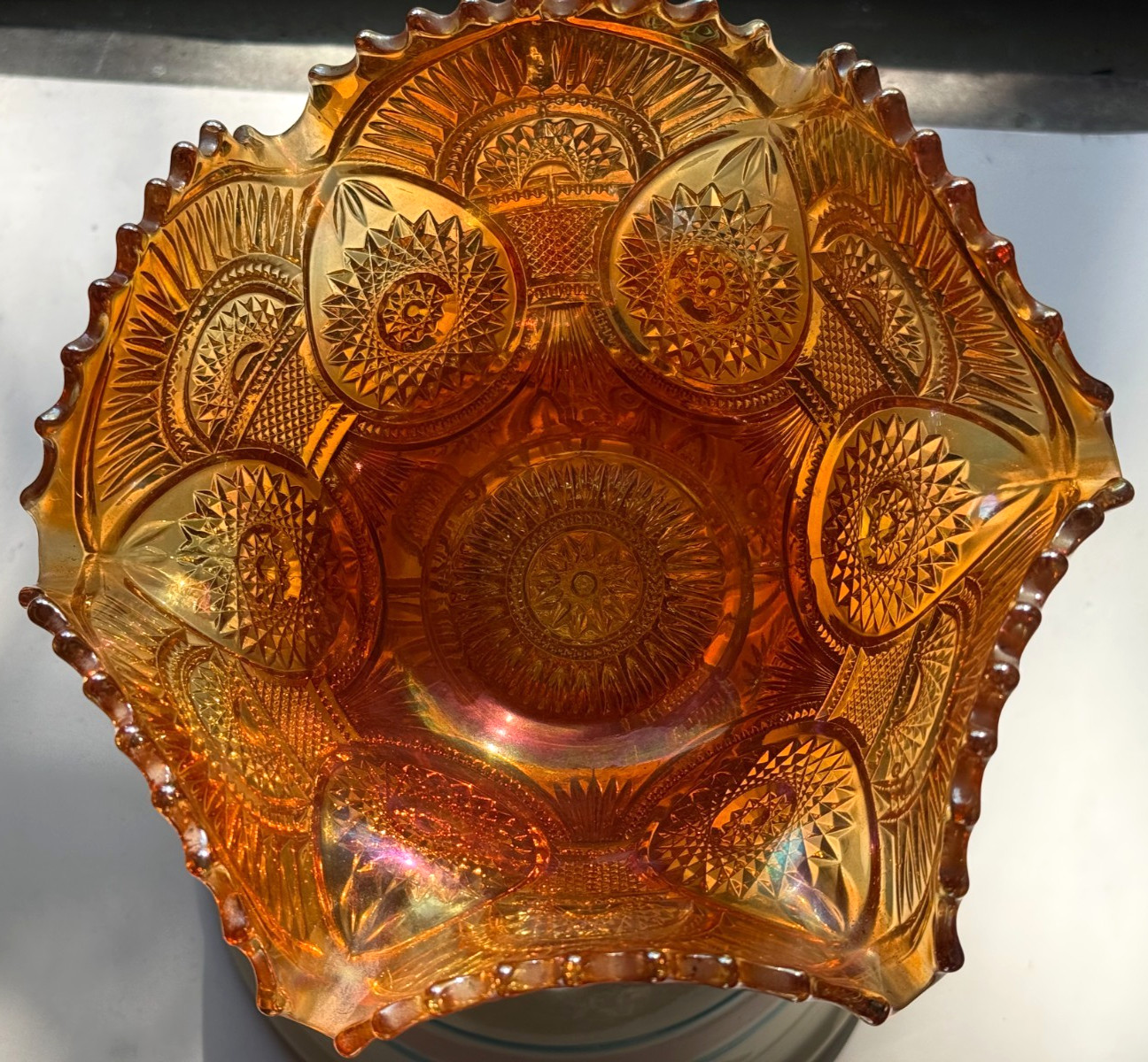 Antq.1910 Imperial MarigoldOrange 10″ Carnival Glass Bowl & Pedestal Ruffled Rim
