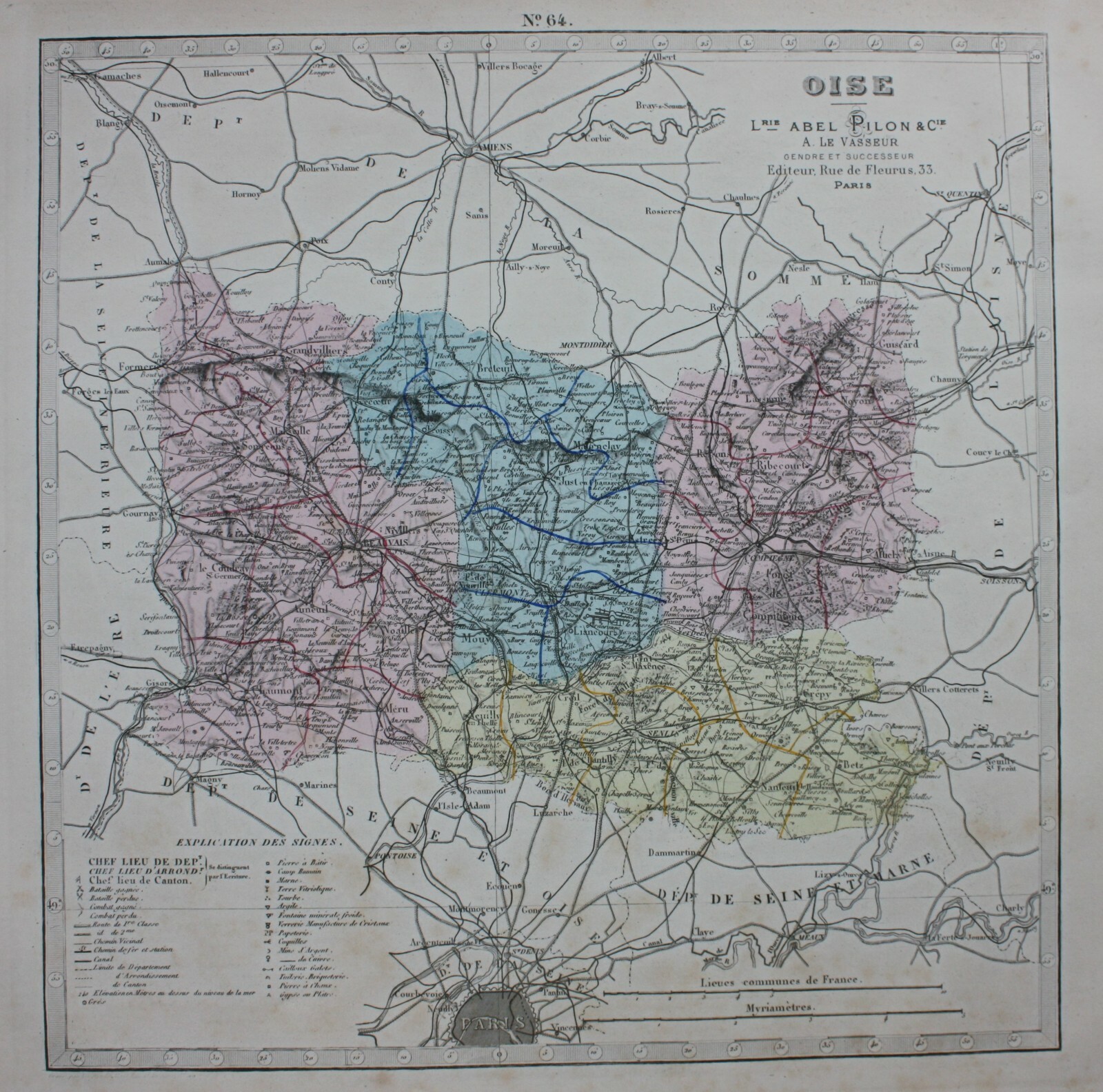 OISE, BEAUVAIS, FRANCE, original antique map, Lorsignol, Le Vasseur, 1877