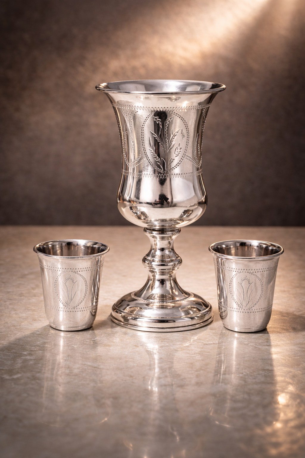 Sterling Silver Kiddush Cup Set 7” Goblet + 2 Cups • Early 20th C • 204.6g .925