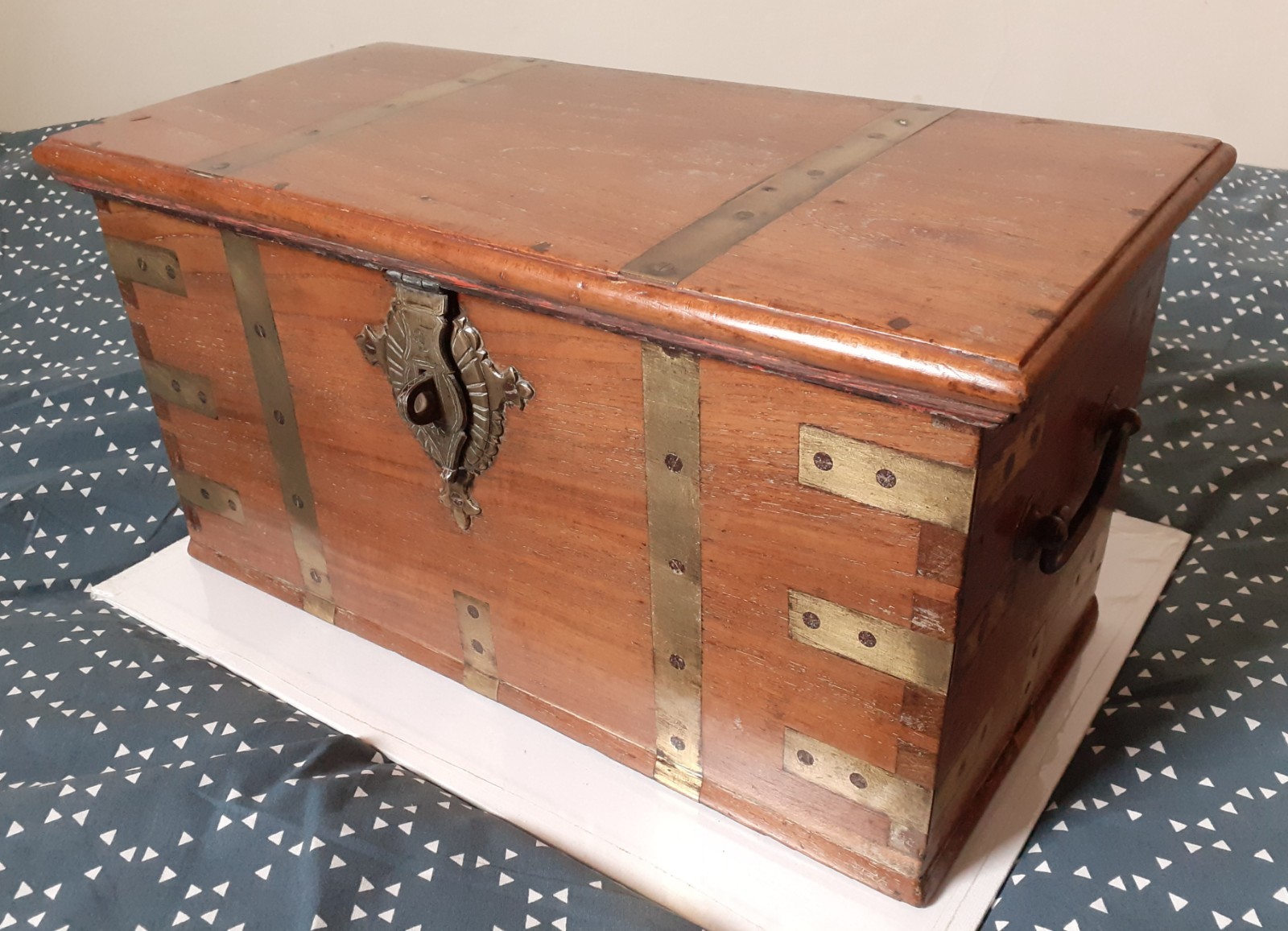 EARLY 19TH CENTURY BRASS BOUND HARDWOOD STRONG BOX, EAST INDIA COMPANY INTEREST