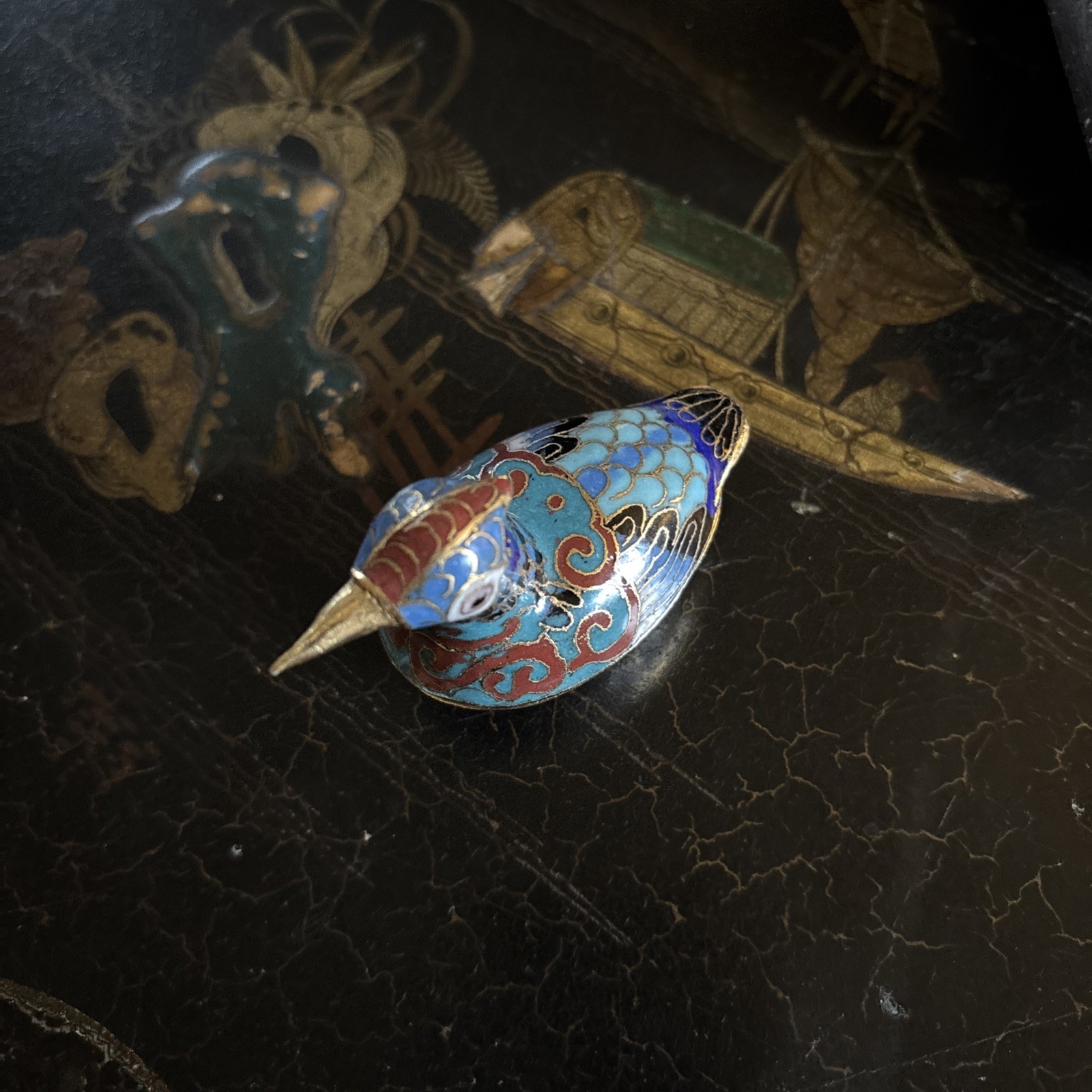 Chinese Cloisonne Blue Red And Gold Coloured Bird Trinket – Collectible Vintage