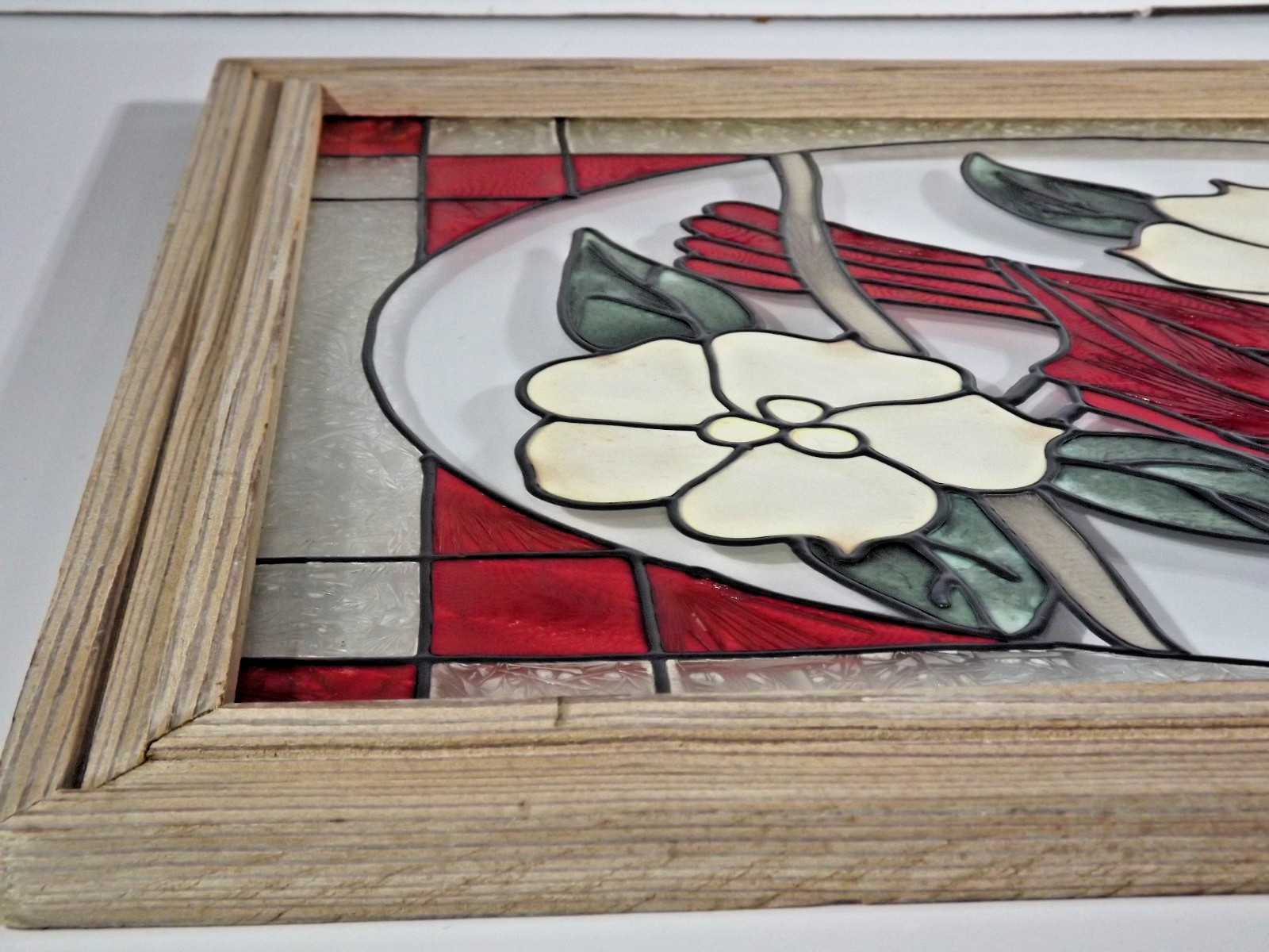 Hand Painted Stained Glass Red Cardinal – Light Brown Wooden Frame – Dogwood